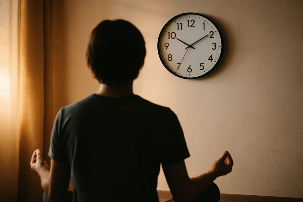 personne méditant en position du lotus devant une horloge moderne affichant 12h21, illustrant la connexion aux heures miroir dans un cadre spirituel apaisant
