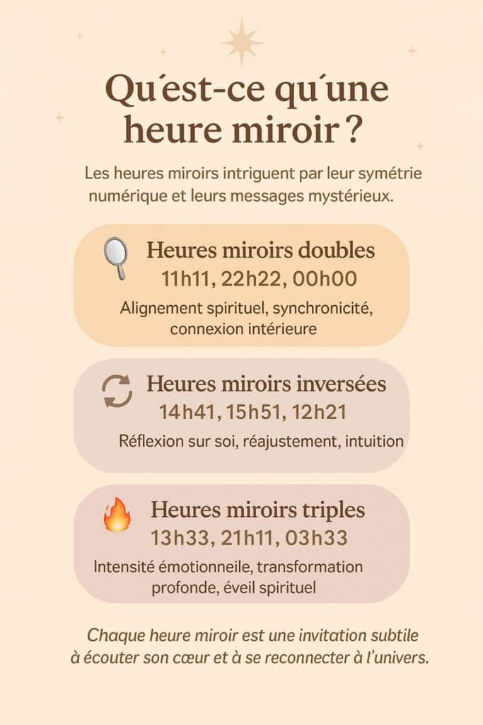 Infographie expliquant ce qu’est une heure miroir, avec les différences entre heures miroirs doubles, inversées et triples, et leurs significations spirituelles.