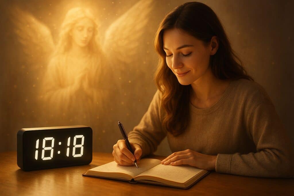 ange lumineux veillant sur une femme écrivant dans un journal à 18h18, illustration du message spirituel de l’ange mebahiah lié à l’heure miroir.