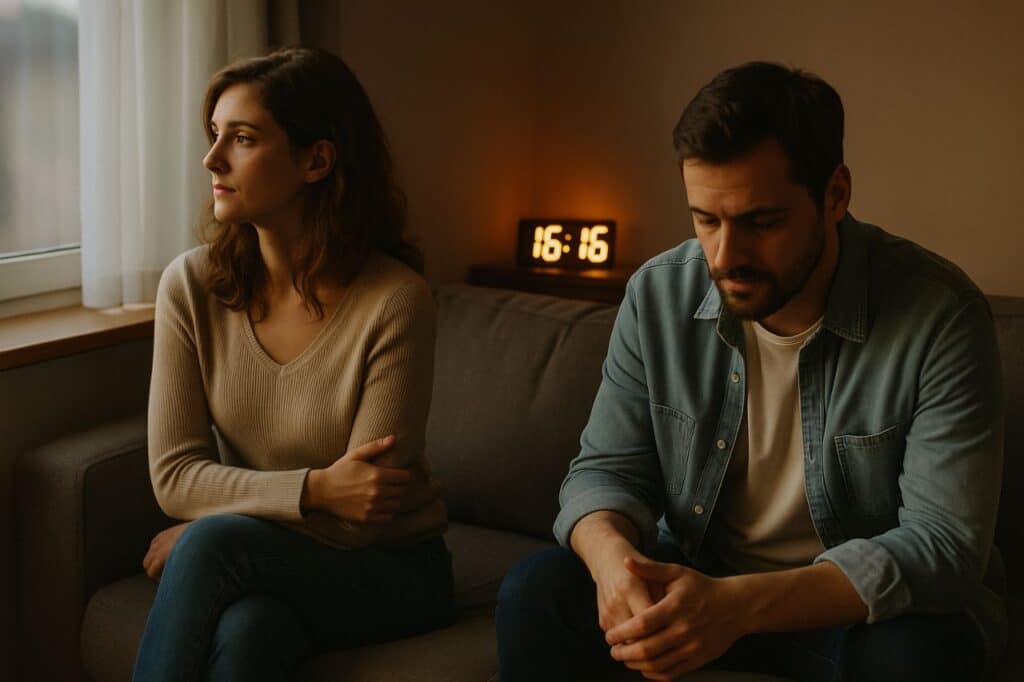 couple en réflexion émotionnelle devant une horloge affichant 16h16, symbolisant vérité et désillusion en amour.