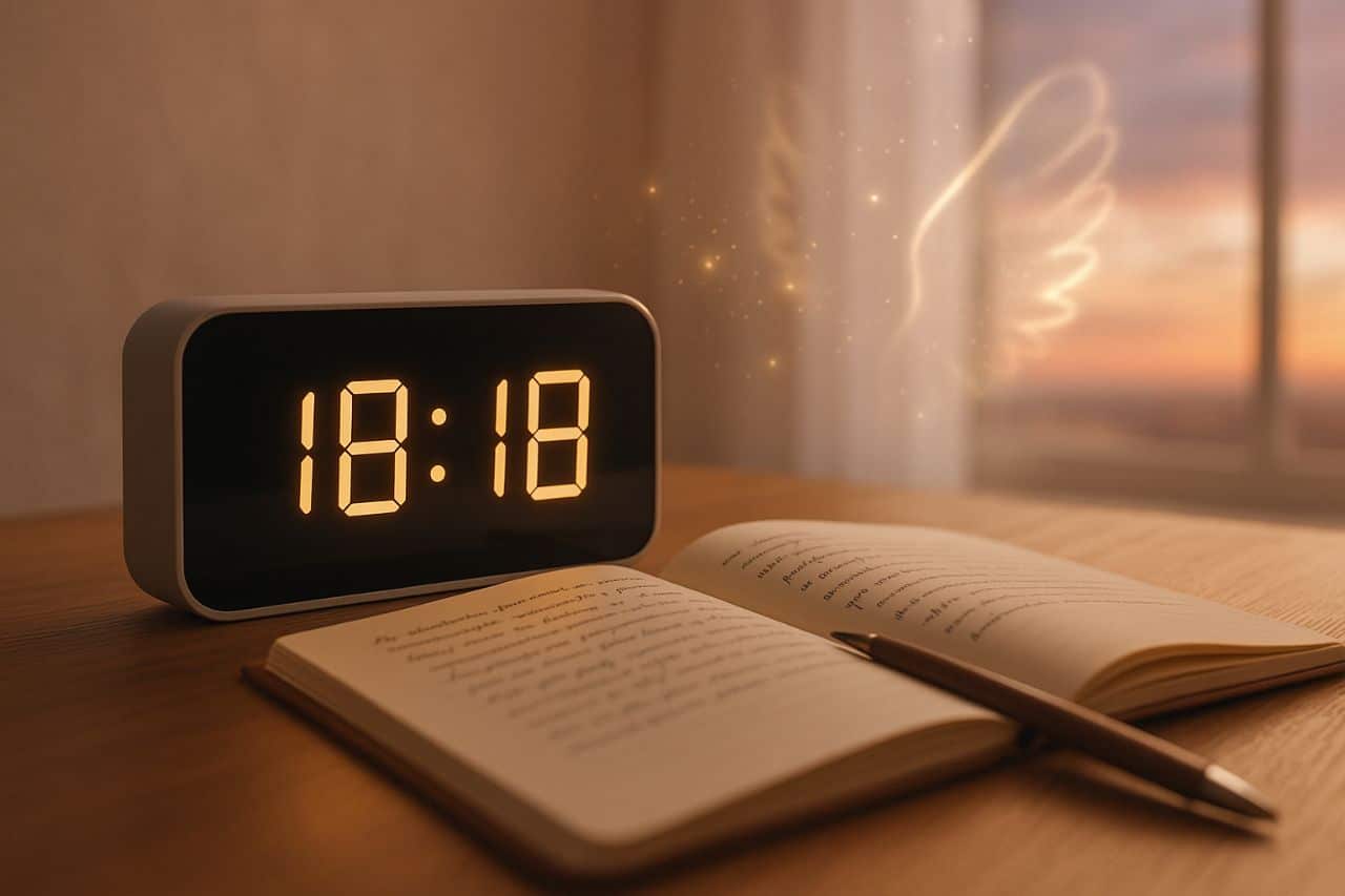 horloge digitale affichant 18h18 sur une table en bois, avec journal de réflexion et lumière spirituelle au coucher du soleil, symbolisant la signification spirituelle de l’heure miroir 18h18.