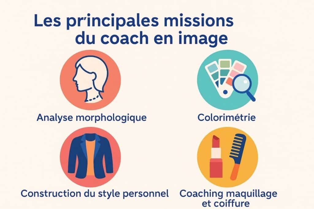 infographie des missions du coach en image analyse morphologique, colorimétrie, style, maquillage et coiffure