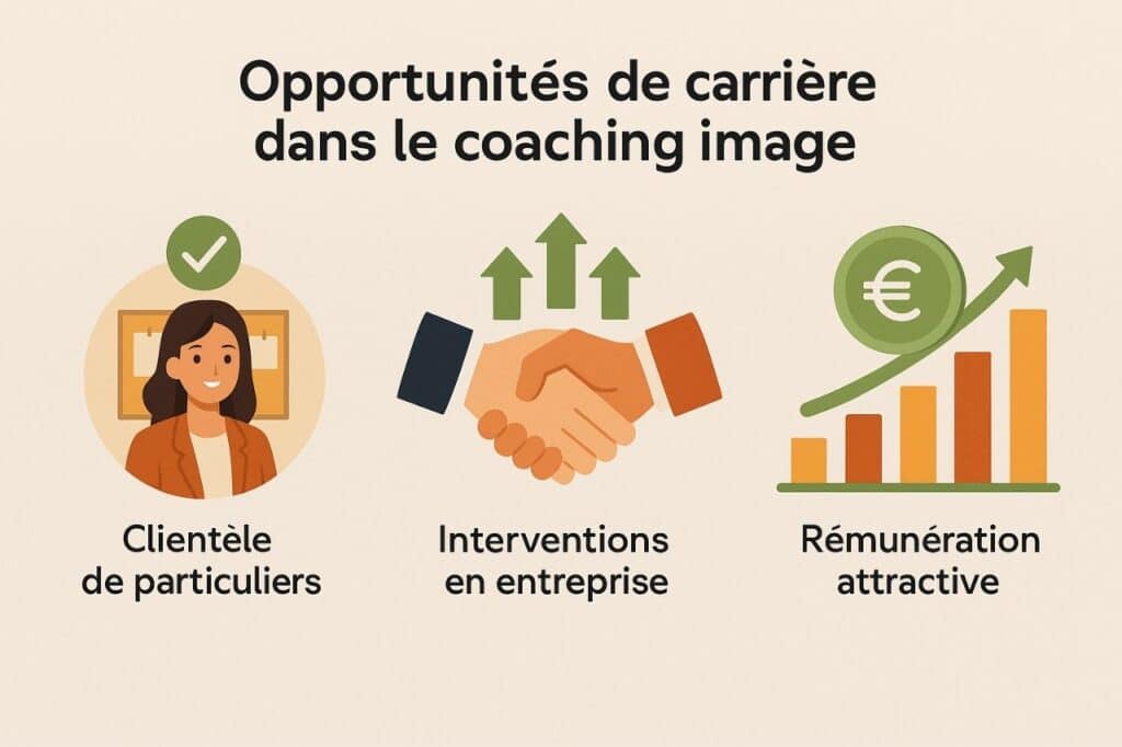 infographie sur les débouchés du coaching en image clientèle de particuliers, interventions en entreprise, rémunération attractive