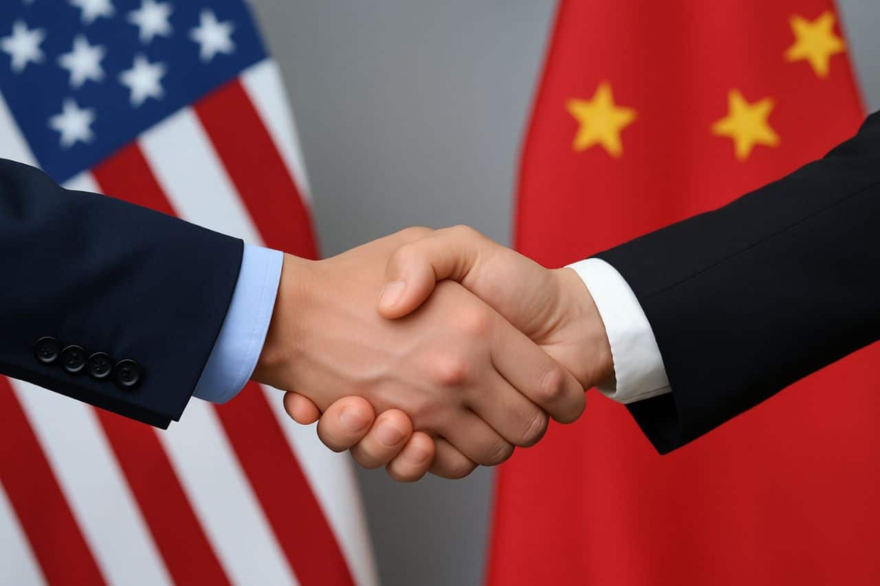poignée de main diplomatique entre représentants des États unis et de la chine, symbolisant la suspension temporaire des droits de douane dans le cadre des négociations commerciales.