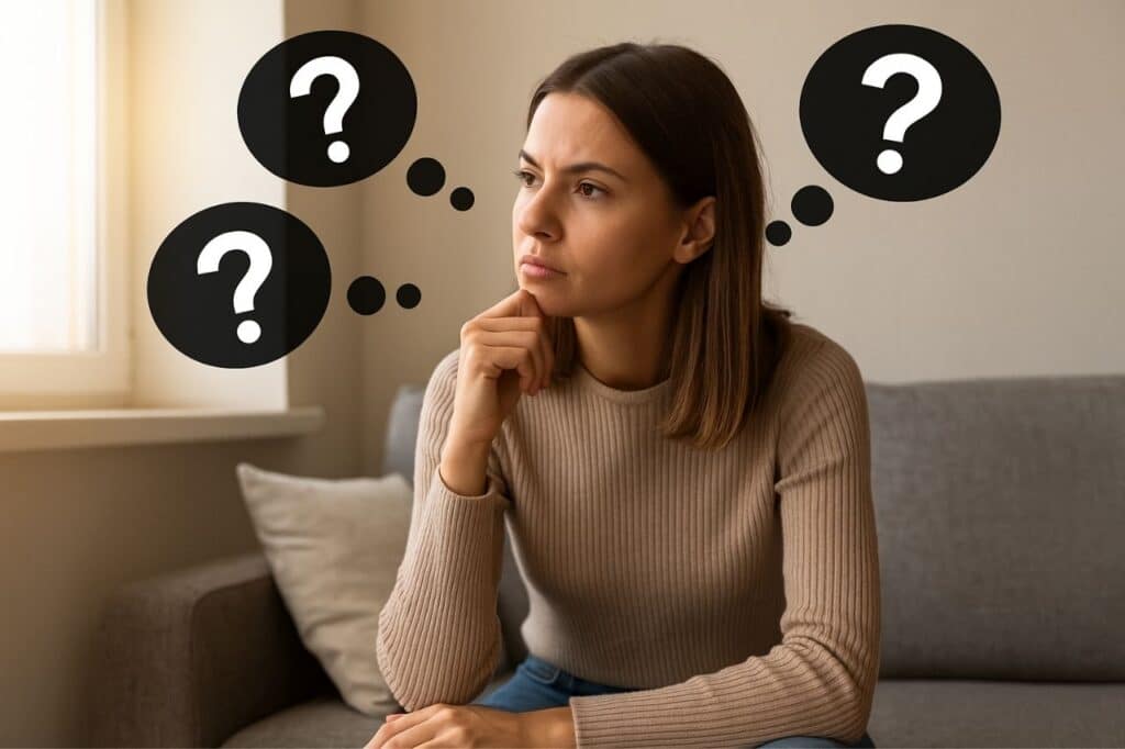 femme pensive entourée de bulles de questions, illustrant une faq sur le syndrome de la vie vide