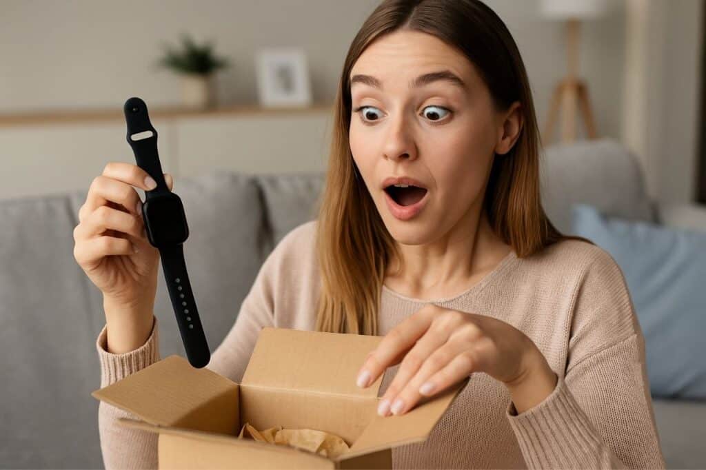 femme surprise découvrant une montre connectée dans un colis, illustrant l’effet waouh des gadgets technoant.