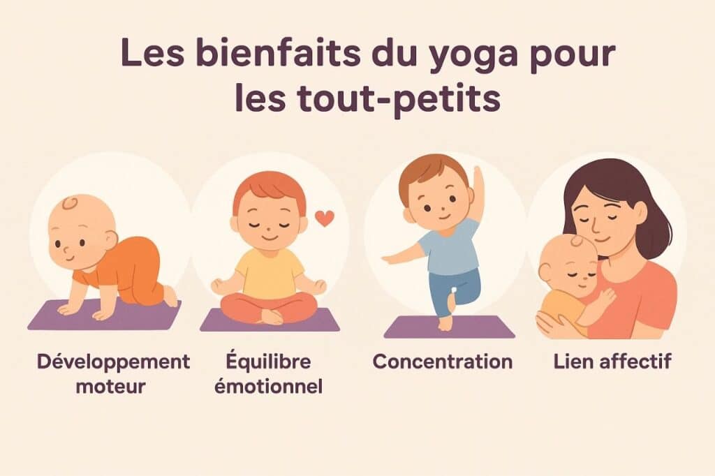 infographie des bienfaits du yoga pour bébé développement moteur, équilibre émotionnel, concentration, lien affectif avec le parent