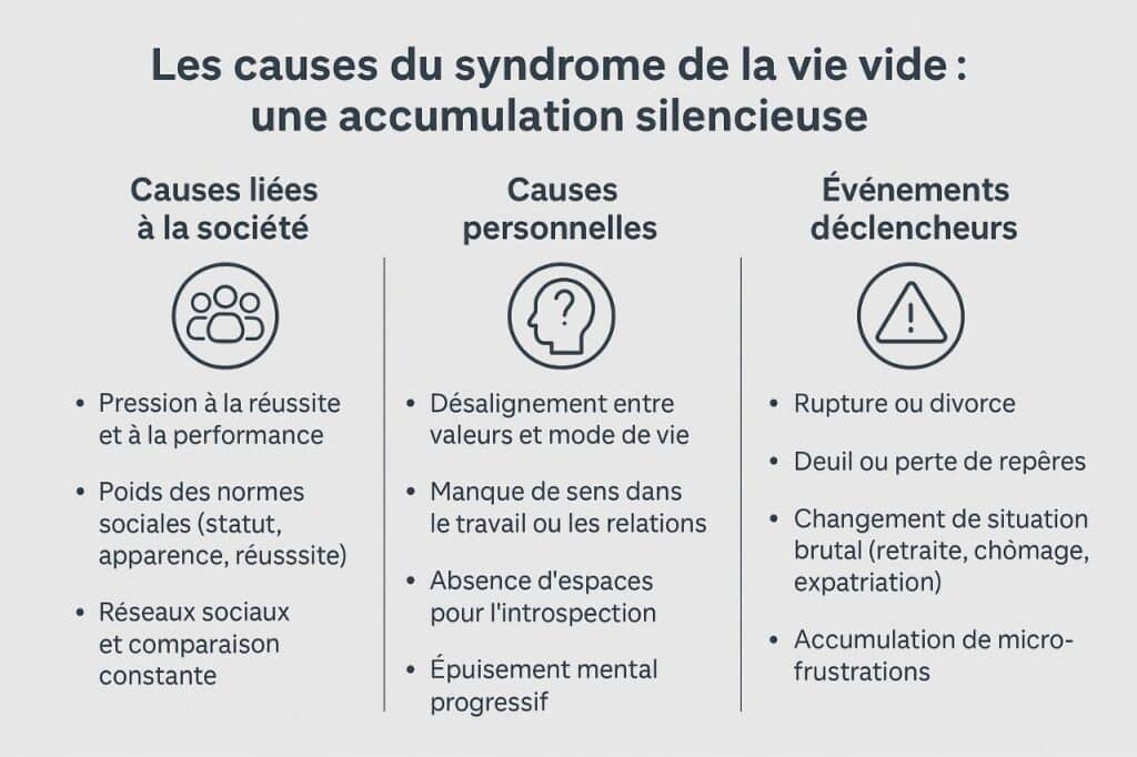 infographie en français présentant les causes du syndrome de la vie vide pression sociale, désalignement personnel, événements déclencheurs