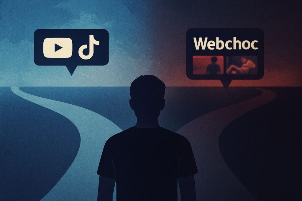 internaute hésitant entre réseaux modérés et web sans filtre représenté par webchoc