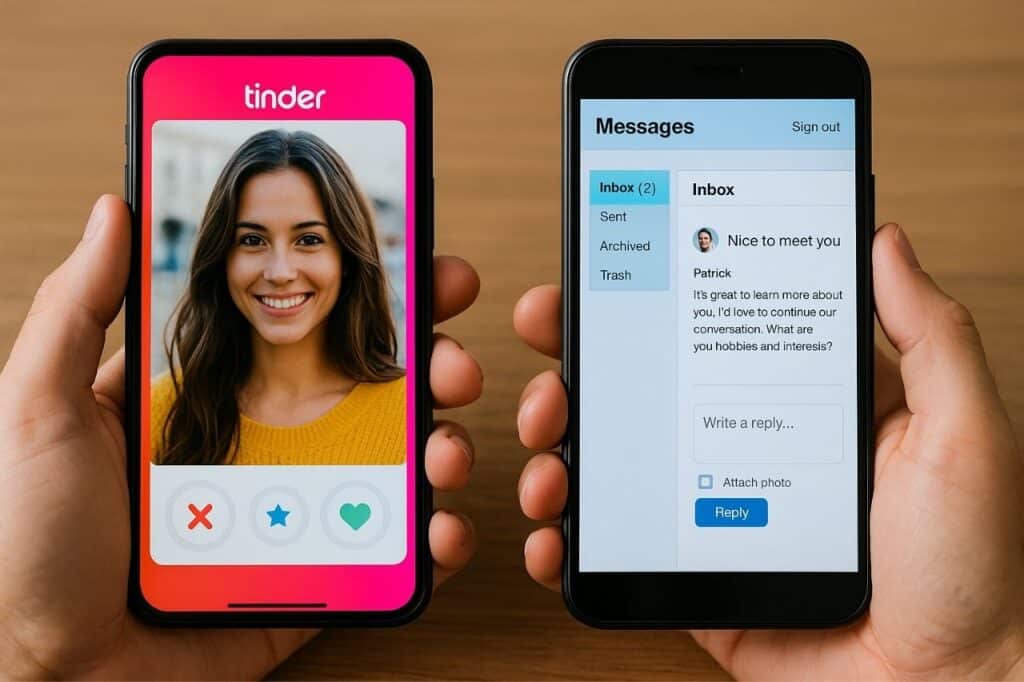 comparatif entre une appli de fast dating type tinder et l’interface sobre de jecontacte.com, illustrant deux visions opposées de la rencontre.