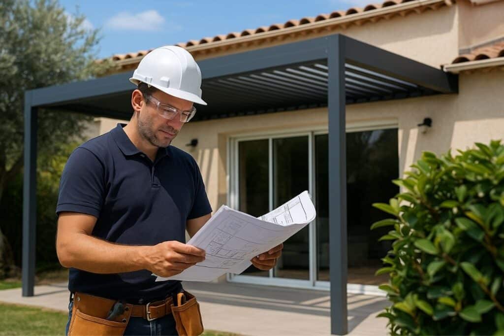 menuisier professionnel analysant un plan de véranda devant une maison méditerranéenne dans le var