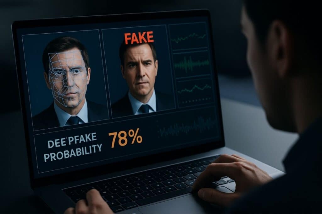 analyse d’un deepfake sur ordinateur portable avec comparaison d’images et probabilité de trucage