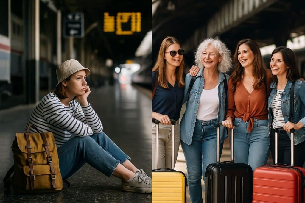Comparaison visuelle entre une voyageuse seule, assise avec son sac à dos dans une gare, et un groupe de femmes souriantes avec valises prêtes à partir ensemble, illustrant la différence entre voyage solo et voyage en communauté féminine