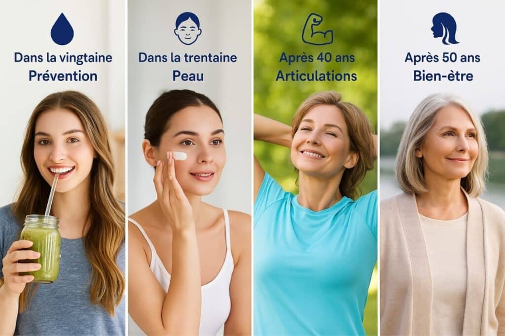 infographie illustrant les bienfaits du collagène en poudre selon l’âge, avec quatre portraits féminins prévention dans la vingtaine, soin de la peau dans la trentaine, soutien articulaire après