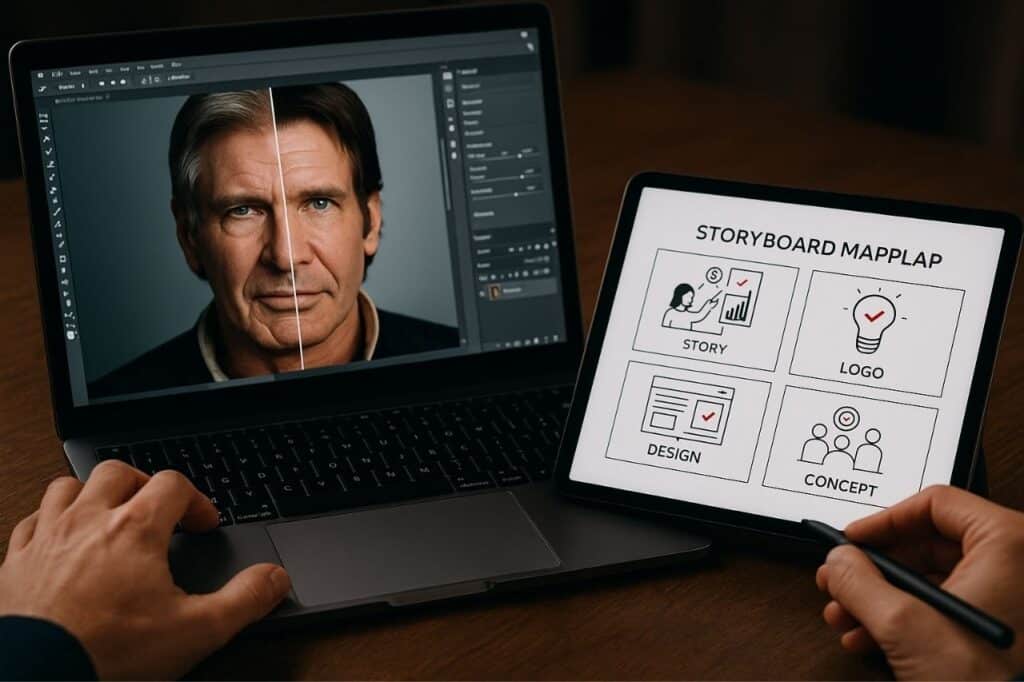 montage photo montrant un ordinateur portable avec un logiciel de rajeunissement d’un acteur connu et, à côté, une tablette affichant un storyboard marketing