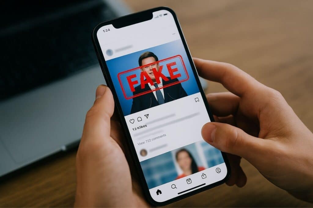 smartphone affichant un fil d’actualité avec une vidéo deepfake signalée fake, illustrant les enjeux de désinformation