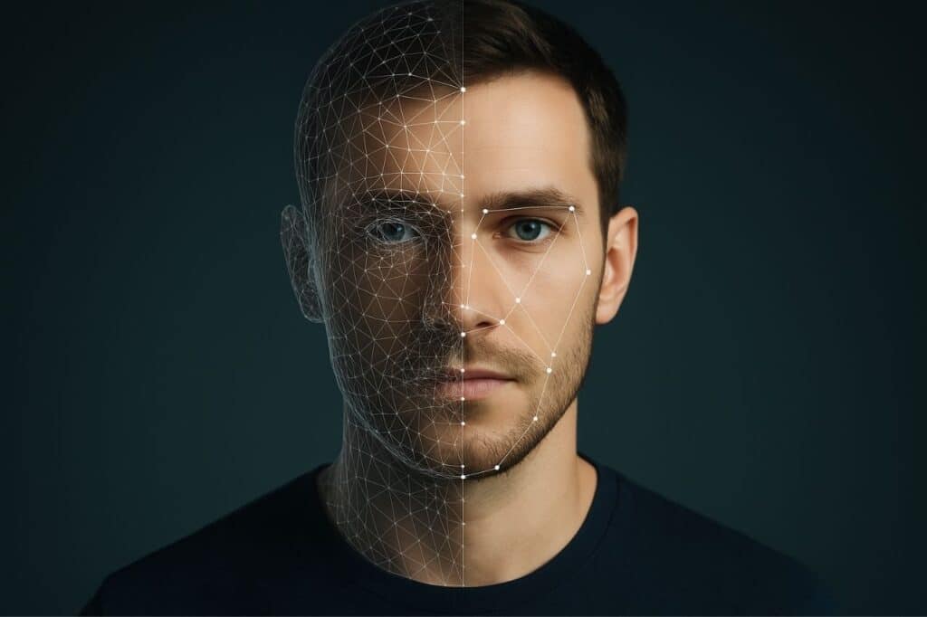 visage masculin avec reconnaissance faciale, moitié en photo réaliste et moitié en maillage 3d, illustrant la technologie des deepfakes