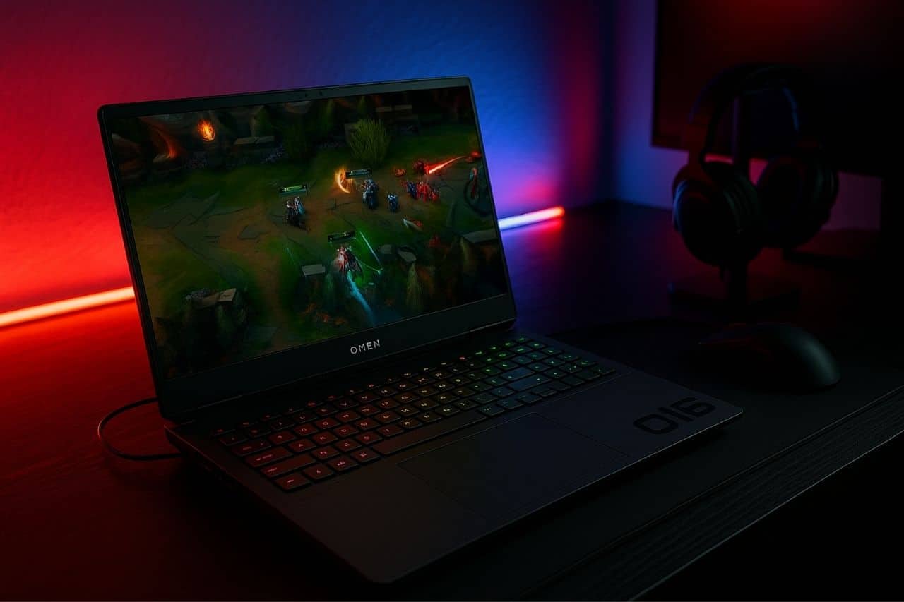 hp omen 16 ap0002nf en pleine session gaming sur bureau led rouge et bleu avec clavier rétroéclairé