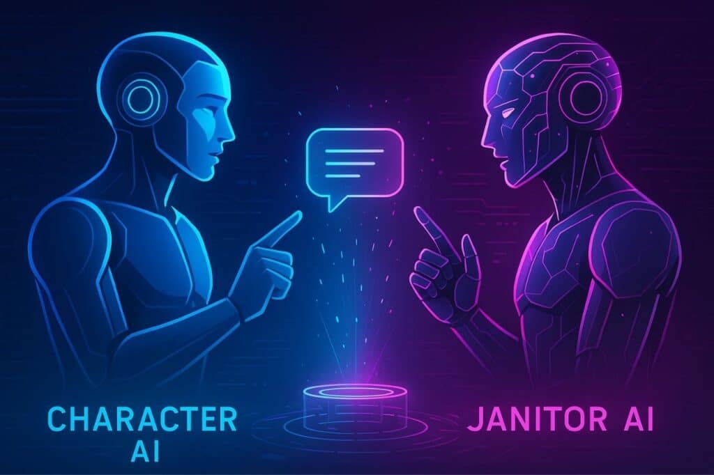 comparaison janitor ai vs character ai illustrée par deux avatars futuristes en débat