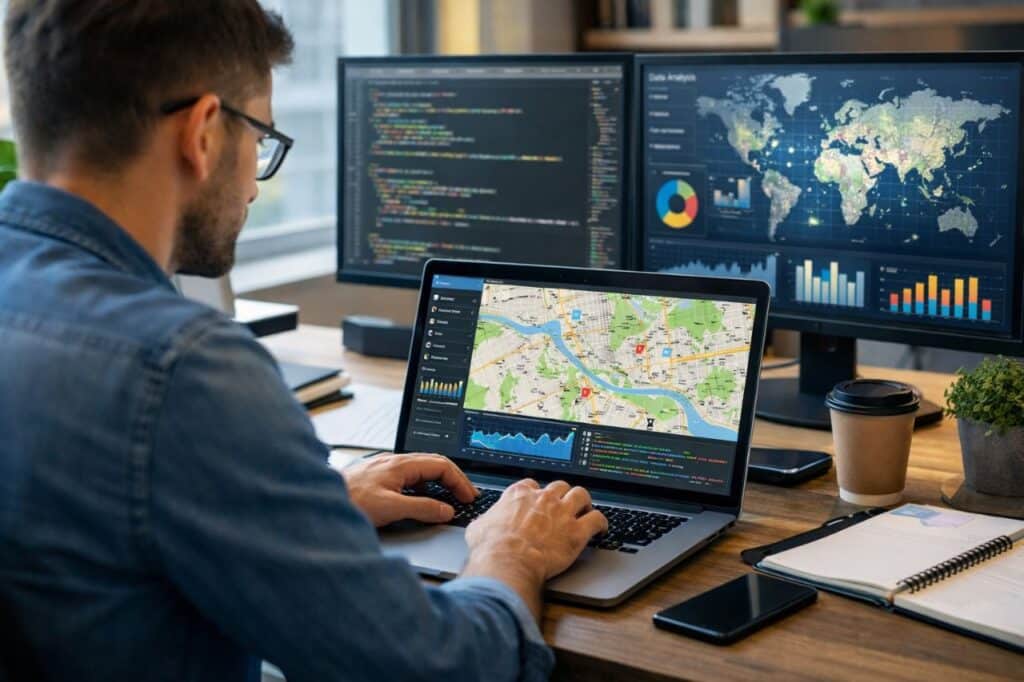 développeur exploitant des données cartographiques open source sur ordinateur