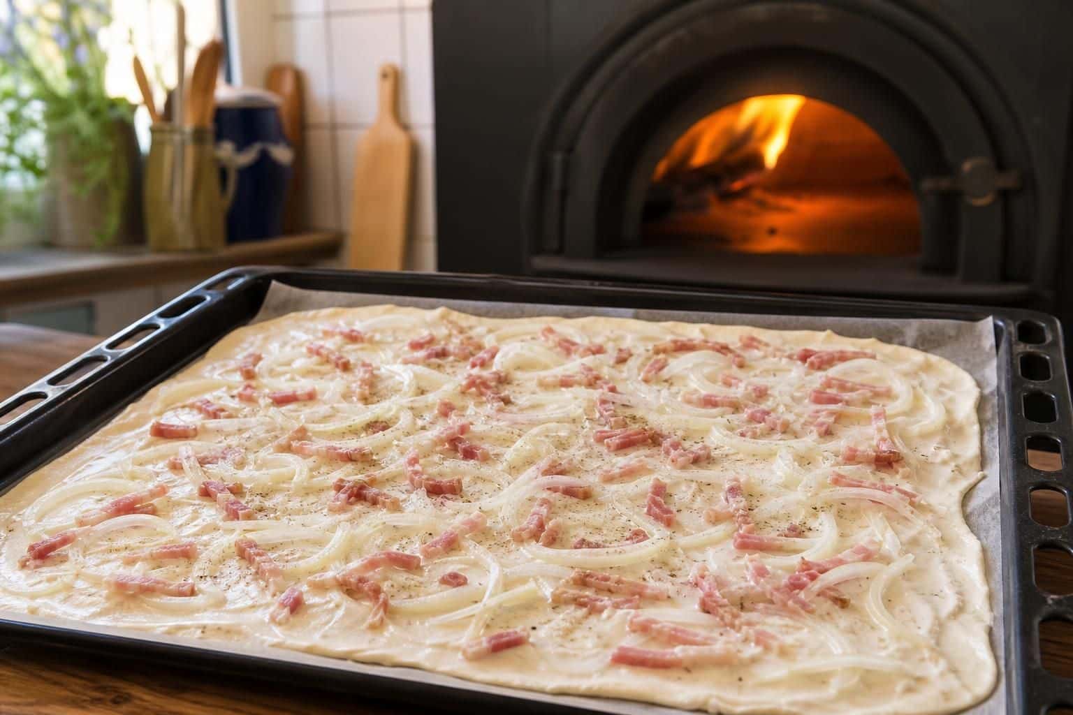 découvrez notre recette traditionnelle de flammekueche alsacienne, une tarte fine et croustillante garnie de crème fraîche, lardons et oignons pour un goût authentique d'alsace.