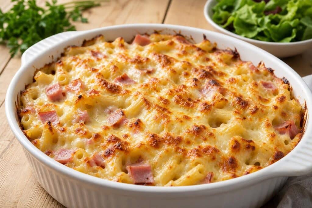 découvrez une délicieuse recette de gratin de pâtes au jambon et au fromage, facile à préparer et parfaite pour un repas réconfortant en famille.