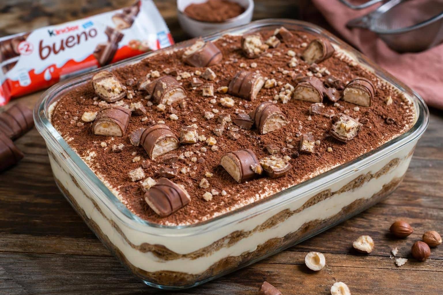 découvrez une délicieuse recette de tiramisu au kinder bueno, alliant la douceur du dessert italien à la gourmandise du chocolat et du praliné pour un plaisir incomparable.