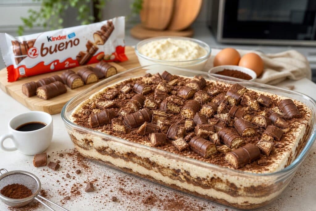 découvrez une recette gourmande et facile de tiramisu au kinder bueno, alliant la douceur du mascarpone à la saveur chocolatée et noisette de kinder bueno pour un dessert irrésistible.
