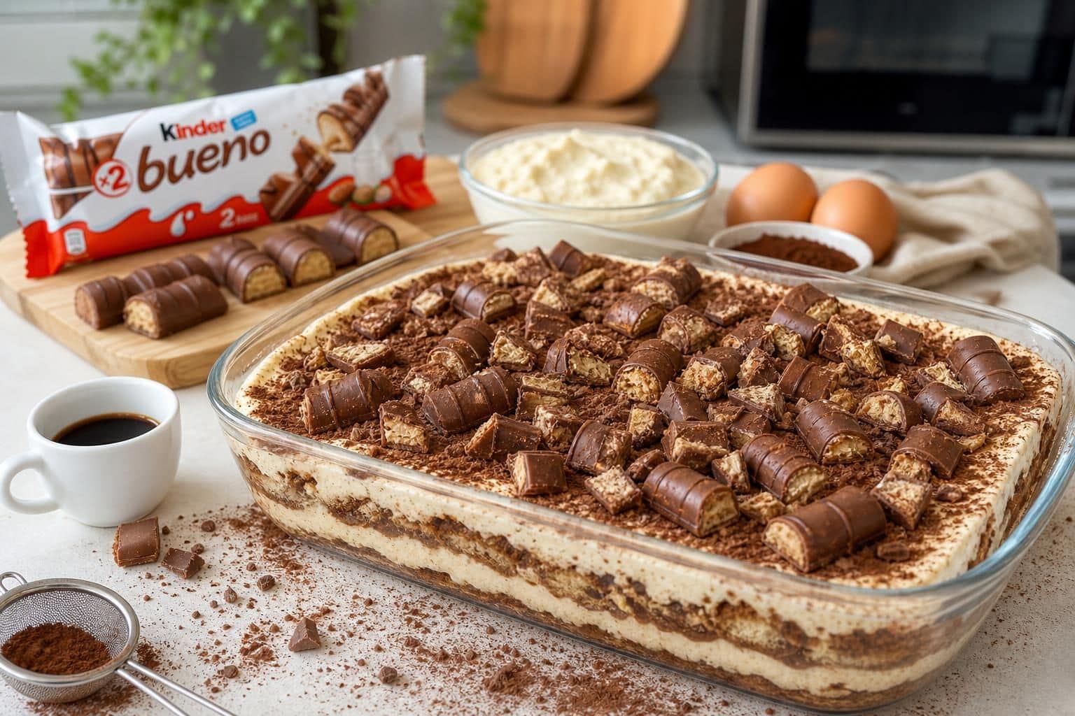 découvrez une recette gourmande et facile de tiramisu au kinder bueno, alliant la douceur du mascarpone à la saveur chocolatée et noisette de kinder bueno pour un dessert irrésistible.